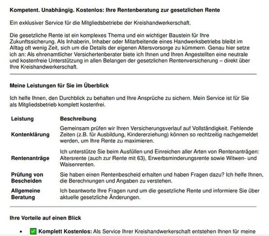 Klick auf den Text um die PDF-Info zu öffnen -> Rentenberatung durch die SIGNAL IDUNA - dem Partner für das Handwerk in der Kreishandwerkerschaft Klick auf diesen Text um die PDF Datei zu öffnen. Rentenberatung durch die SIGNAL IDUNA - dem Partner für das Handwerk in der Kreishandwerkerschaft